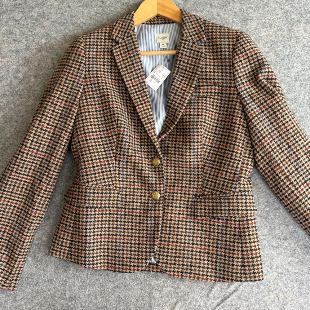 J.Crew Blazer Women Size 8 Brown Houndstooth Wool Blend Gold Crest Button BA906